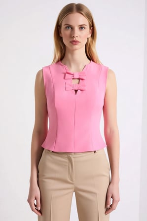 Kadın Bluz Crop Fiyonk Detaylı Kesik Yaka Kolsuz Dokuma Kumaş Düz Desen Regular Kalıp Yazlık