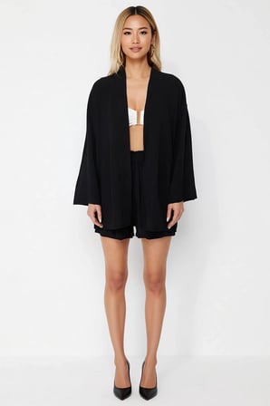 Kadın Büyük Beden Plaj Kimono Şort Takımı Şal Yaka Uzun Kol Oversize Kesim Crinkle Dokuma Günlük