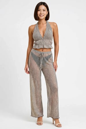 Kadın Büyük Beden Halter Yaka Crop Top Pantolon Takımı Simli Örme Çizgili Plaj Koleksiyonu Günlük