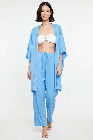 Kadın Büyük Beden Dokuma Kimono Ceket Bol Paça Pantolon Plaj Takımı Şal Yaka Truvakar Kol Günlük