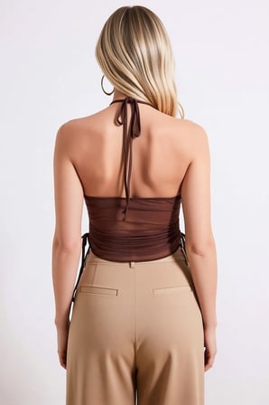 Kadın Bluz Halter Yaka Kolsuz Dantel Detaylı Büzgülü Tül Örme Kumaş Relaxed Kalıp Düz Desen