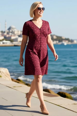 Kadın Büyük Beden Çiçek Desenli V Yaka Kısa Kollu Skater Kesim Örme Elbise Günlük Rahat Modern Şık