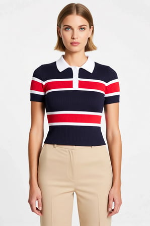Kadın Bluz Polo Yaka Kısa Kol Triko İnce Fitilli Desenli Fitted Kesim Regular Boy Günlük Kullanım