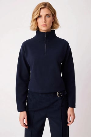 Kadın Dik Yaka Düşük Kol Fermuarlı Regular Kalıp Örme Sweatshirt Fonksiyonel Dayanıklı Şık