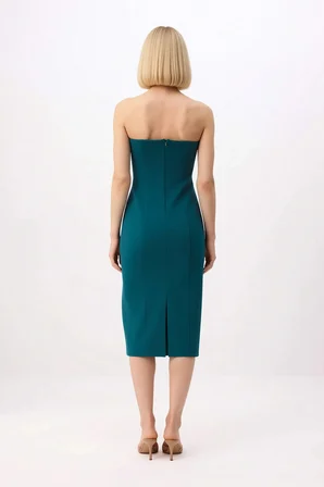 Kadın Straplez Midi Elbise Düğme Detaylı Bodycon Kesim Esnek Dokuma Kolsuz Zarif Günlük Rahat Modern