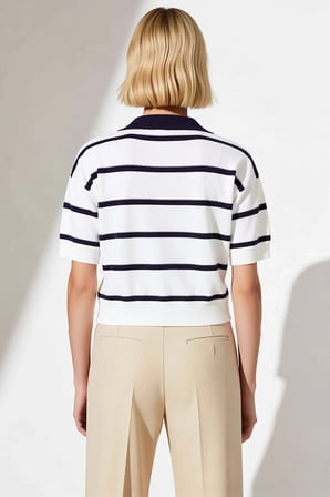Kadın Bluz Triko Polo Yaka Kısa Kol Çizgili Crop Boy Regular Kalıp Standart Dokuma Tek Plaka