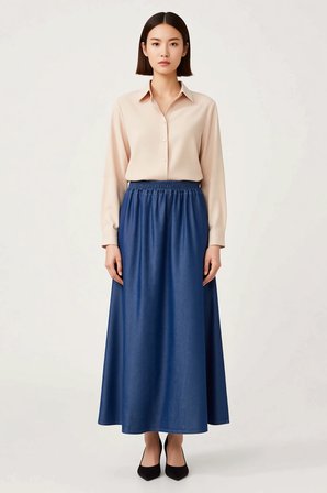 Kadın Maxi Denim Etek Dökümlü Tencel Kumaş Beli Lastikli Cepli Rahat Kesim Günlük Modern Şık Zarif