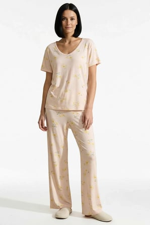 Kadın Çiçekli Süprem Örme Pijama Takımı V Yaka Standart Kol Regular Kalıp Dayanıklı