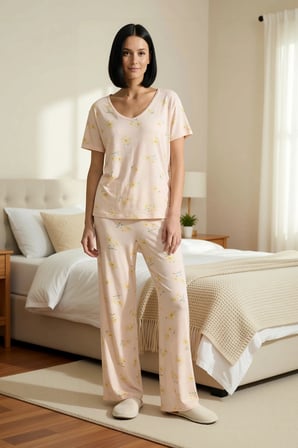 Kadın Çiçekli Süprem Örme Pijama Takımı V Yaka Standart Kol Regular Kalıp Dayanıklı