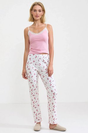 Kadın V Yaka İnce Askılı Kolsuz Dantel Detaylı Çiçekli Regular Kalıp Kaşkorse Örme Pijama Takımı
