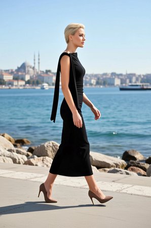 Kadın Maxi Bodycon Asimetrik Yaka Tek Uzun Kol Detaylı Örme Esnek Kumaş Astarlı Şık
