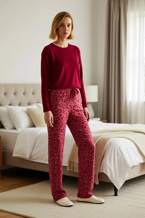 Kadın Bisiklet Yaka Düşük Kol Polar Kışlık Animal Desenli Örme Pijama Takımı