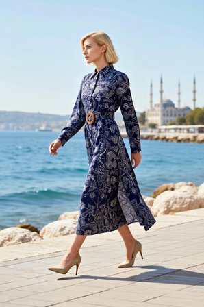 Kadın Elbise Gömlek Tesettür Yaka Uzun Kol Dokuma Terrycotton Etnik Desenli A Kesim Maxi Boy