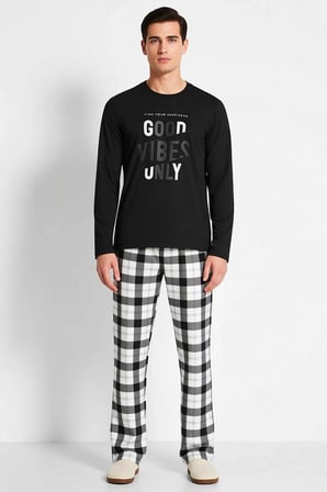 Erkek Bisiklet Yaka Standart Kol Ekose Baskılı Örme Pijama Takımı Fonksiyonel Şık %100 Pamuk