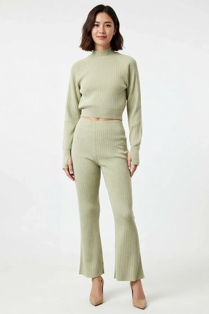 Kadın Fitilli Reglan Kollu Crop Kazak Pantolon Takımı Bisiklet Yaka Uzun Kol Rahat Kesim Günlük