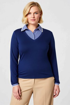 Kadın Büyük Beden Bluz Polo Yaka Uzun Kol Regular Kalıp Düz Desen Örme Kumaş Penye Süprem
