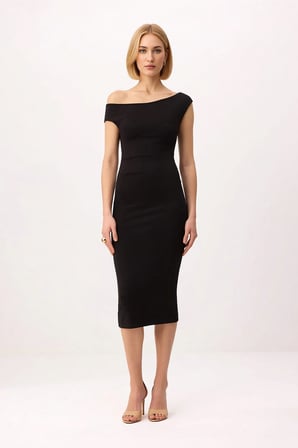 Kadın Asimetrik Yaka Düşük Kol Bodycon Midi Elbise Silky İnterlok Örme Kumaş Günlük Rahat Modern