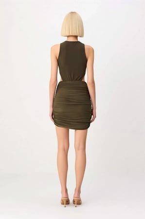 Kadın Kolsuz Bisiklet Yaka Drape Detaylı Esnek Bodycon Mini Elbise Astarsız Rahat Günlük Modern