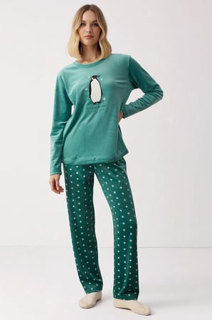 Kadın Bisiklet Yaka Standart Kol Kadife Örme Pijama Takımı Uzun Kollu Boru Paça Fonksiyonel