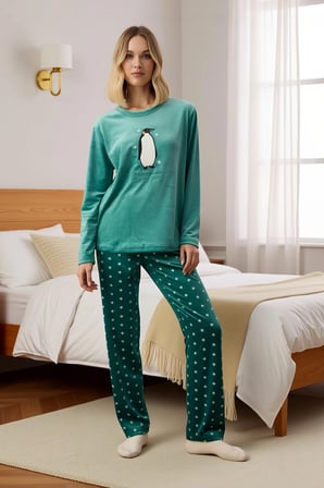 Kadın Bisiklet Yaka Standart Kol Kadife Örme Pijama Takımı Uzun Kollu Boru Paça Fonksiyonel