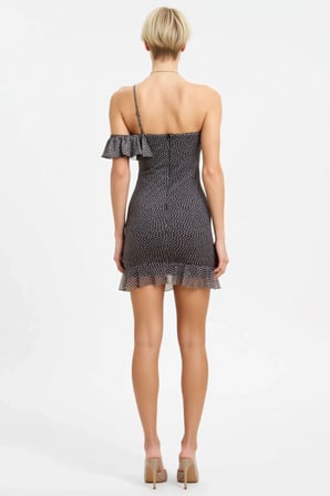 Kadın Asimetrik Yaka Volanlı Tül Mini Elbise Bodycon Kesim Astarlı Gece Kıyafeti Günlük Rahat Modern