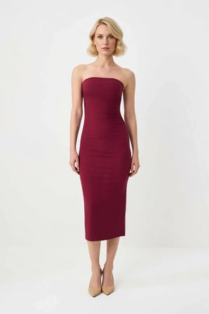 Kadın Straplez Bodycon Maxi Elbise Kolsuz Derin Yırtmaçlı Poplin Dokuma Astarlı Zarif Günlük Rahat