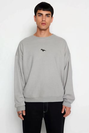 Erkek Bisiklet Yaka Düşük Kol Nakışlı Oversize Sweatshirt %65 Pamuk %35 Polyester Kaliteli
