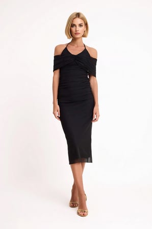 Kadın Zebra Desenli Carmen Yaka Kolsuz Bodycon Midi Elbise Tül Astarlı Party Günlük Rahat Modern