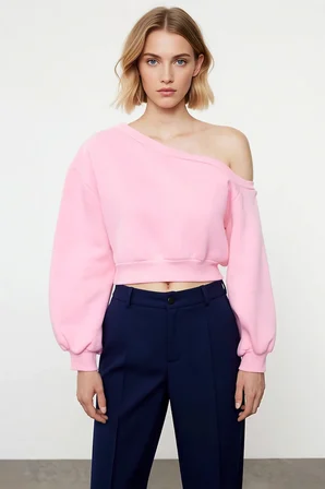 Kadın Asimetrik Yaka Düşük Kol Regular Kalıp Örme Sweatshirt Fonksiyonel Dayanıklı Estetik