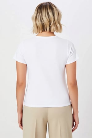 Kadın T shirt Bisiklet Yaka Kısa Kol Fitted Kalıp Asimetrik Kesim Taş Detaylı Örme Kumaş