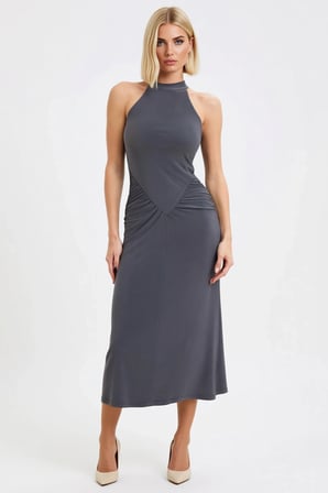 Kadın Halter Yaka Kolsuz Bodycon Midi Elbise Zincir Aksesuar Detaylı Örme Gece Kıyafeti Günlük Rahat
