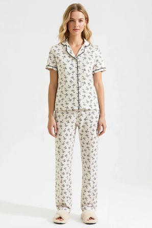 Kadın Gömlek Yaka Kısa Kollu Regular Kalıp Pijama Takımı Kurdele Desenli Spor