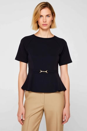 Kadın Bluz Peplum Kalıp Bisiklet Yaka Reglan Kol Kısa İnterlok Örme Düz Desen Astarsız Regular Boy