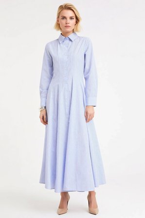Kadın Elbise Gömlek Tesettür Yaka Uzun Kol Çizgili Maxi Boy Skater Kalıp Dokuma Terrycotton