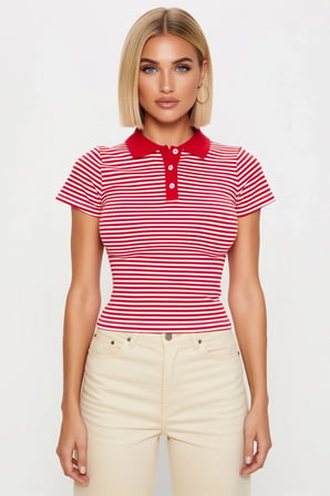 Kadın Bluz Polo Yaka Kısa Kol Fitted Kalıp Çizgili Desen Crop Boy Örme Kumaş Yarım Pat Düğmeli