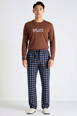 Erkek Bisiklet Yaka Standart Kol Uzun Kollu Sweatshirt Boru Paça Pantolon Ekose Desenli Örme Pijama