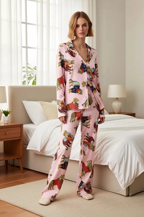 Kadın Gömlek Yaka Uzun Kol Kaplan Baskılı Pijama Takımı Regular Kalıp Dayanıklı %100 Pamuk