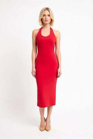 Kadın Havuz Yaka Kolsuz Bodycon Midi Elbise %96 Polyester Elastan Astarsız Düz Desen Günlük Rahat