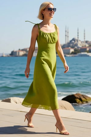 Kadın Çiçekli Desen A-Line Midi Elbise İnce Askılı Straplez Büzgülü Tül Astarlı Rahat Günlük Modern