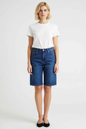 Kadın Yüksek Bel Geniş Paça Denim Bermuda Düz Desen Rigid Dokuma Relaxed Siluet Kısa Boy