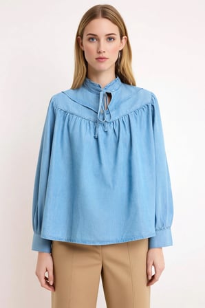 Kadın Bluz Relaxed Fit Yaka Uzun Kol Denim Kumaş Bağlama Detaylı Düz Desen Casual Ortam