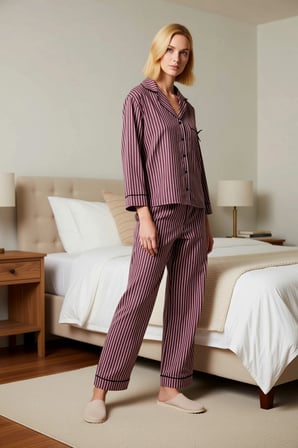 Kadın Gömlek Yaka Uzun Kol Regular Kalıp Poplin Dokuma Çizgili Pijama Takımı Fonksiyonel Şık