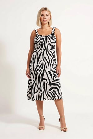 Kadın Büyük Beden Zebra Desen Askılı A Line Midi Örme Elbise Kalp Yaka Kolsuz Günlük Rahat Modern