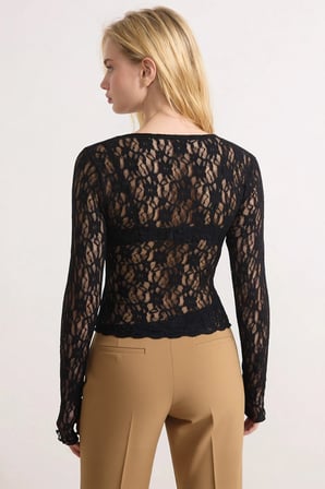 Kadın Bluz Fitted Vücuda Oturan Kruvaze Yaka Uzun Kol Dantel Örme Kumaş Crop Kapama Modern