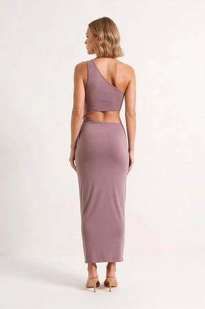 Kadın Tek Omuz Bodycon Midi Plaj Elbisesi Döküm Aksesuar Detaylı Kolsuz Örme Kumaş Günlük Rahat