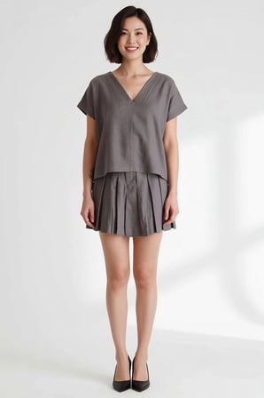 Kadın Keten Bluz Etek Takımı V Yaka Reglan Kol Mini Dokuma Rahat Günlük Kombinli Set Modern Şık