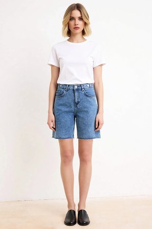 Kadın Yüksek Bel Bermuda Beli Ayarlı Düz Desen Boru Paça Kısa Boy Denim Fonksiyonel Şık