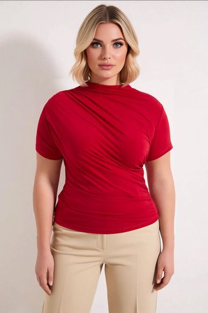 Kadın Büyük Beden Bluz Dik Yaka Kısa Kol Sandy Örme Büzgülü Düz Desen Dar Kalıp Regular Boy