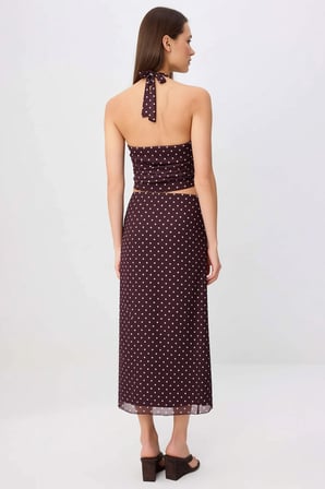 Kadın Büyük Beden Puantiyeli Boyundan Bağlamalı Kolsuz Tül Örme Crop Top Etek Takım Günlük Rahat