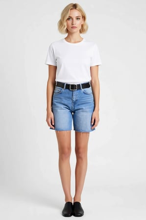 Kadın Şort Yüksek Bel City Denim Boru Paça Kısa Kesim Düz Desen Rigid Dokuma Estetik